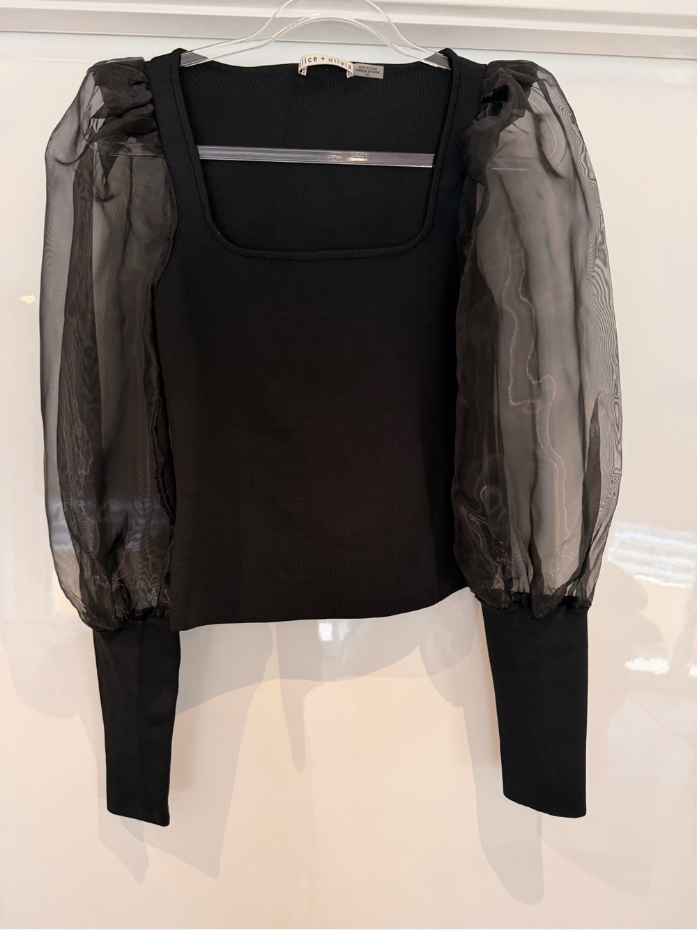 Alice + Olivia Black Square-Neck Top with Sheer Puff Sleeves
